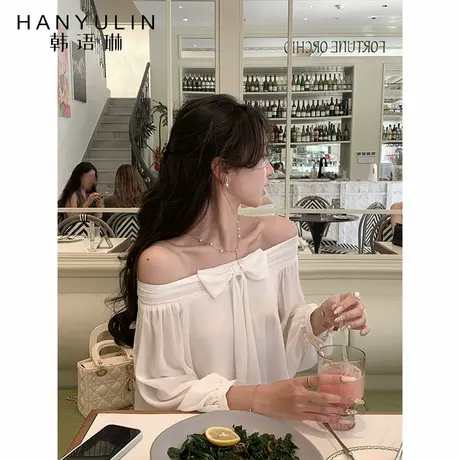 韩语琳 浪漫仙气度假一字肩夏季雪纺衬衣女露肩收腰薄纱上衣2025商品大图
