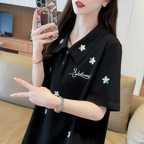 翻领polo衫短袖t恤女2025新款夏季韩版宽松大码女装重工刺绣上衣图片