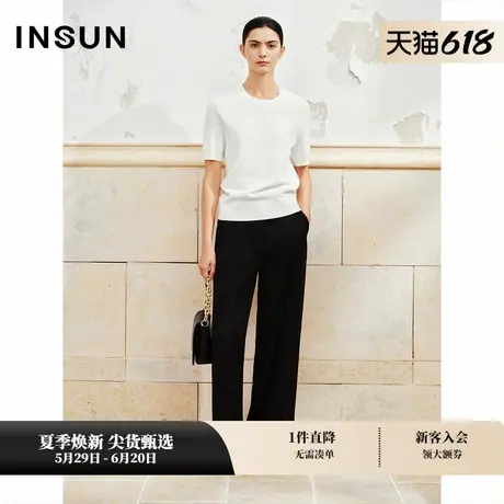INSUN恩裳专选夏季明线装饰边黑色阔腿长裤商品大图