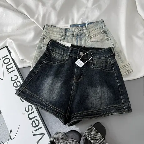 辣妹弹力修身牛仔短裤女2025夏季新款宽松百搭显瘦阔腿a字热裤潮商品大图