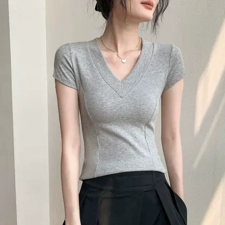 鱼骨V领短袖t恤女2025春夏新款修身显瘦内搭打底衫正肩纯色上衣女图片