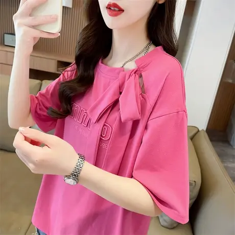 设计感小众短袖t恤女夏装韩版宽松大码个性百搭学生蝴蝶结上衣服图片