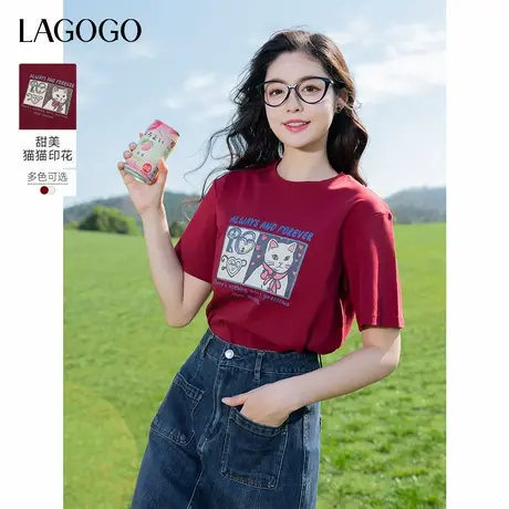 LAGOGO爱心猫咪安克拉红短袖T恤女拉谷谷2025夏新款宽松休闲上衣商品大图