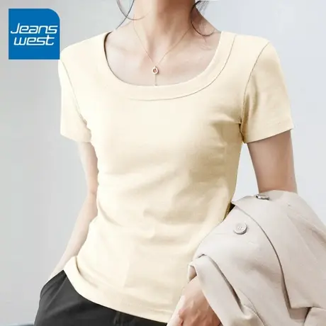 KV真维斯杏色方款t恤女夏2025新款休闲简约通勤独特正肩短袖上衣图片