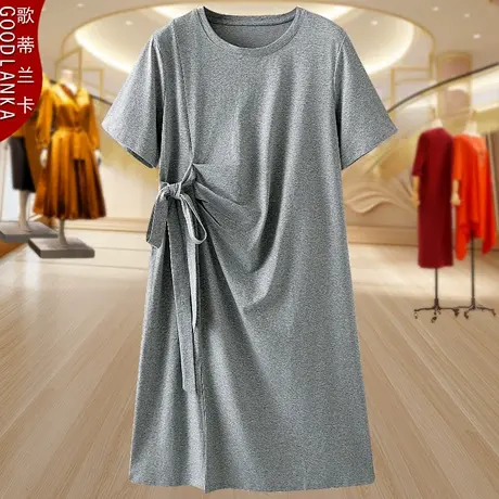 加肥加大码夏季T恤裙女200斤宽松显瘦遮肚妈妈开叉系带短袖连衣裙商品大图
