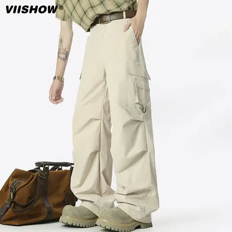 VIISHOW美式褶皱工装裤男秋季潮牌纯色阔腿休闲裤高街直筒伞兵裤商品大图