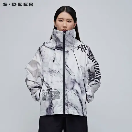 sdeer圣迪奥春季原创设计水彩印花白色防晒服短款外套女S20182226图片