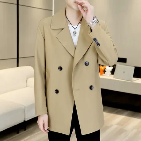 轻熟风西装领外套男士春秋季英伦风衣中长款双排扣潮男装时尚大衣商品大图