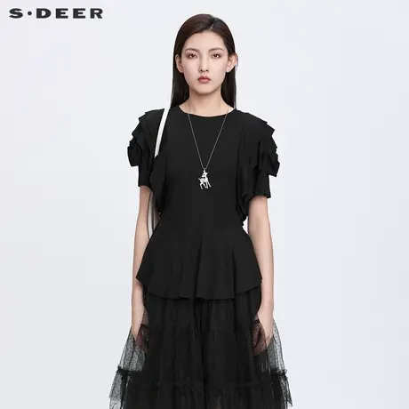 sdeer圣迪奥女装复古圆领堆叠不规则短袖T恤S22280196图片
