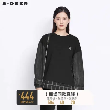 sdeer圣迪奥女装春秋装圆领字母格纹牛仔拼接长袖卫衣S21380225图片