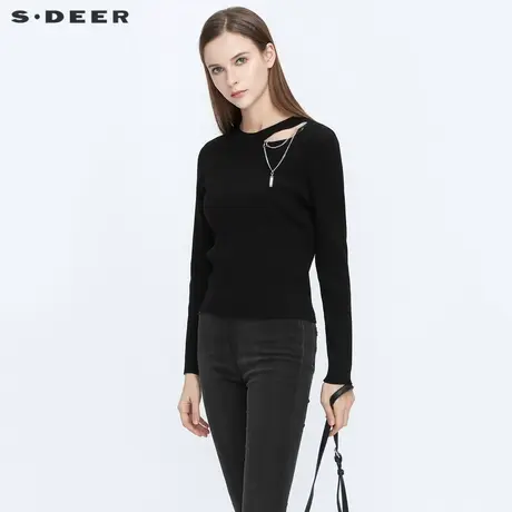 sdeer圣迪奥女装个性圆领挖肩黑色针织衫衫S21183507图片