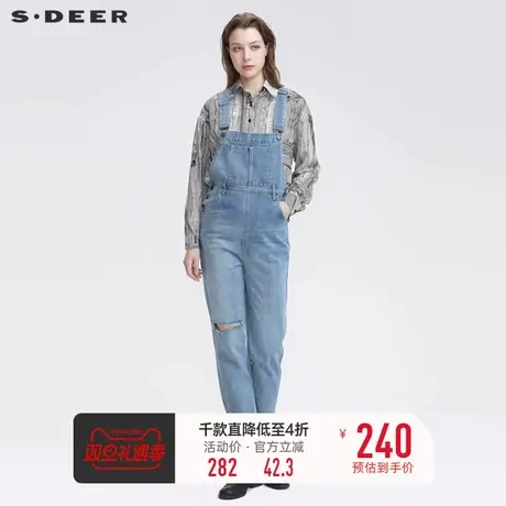 sdeer圣迪奥秋装个性磨破插袋水洗背带牛仔长裤女S22180820图片