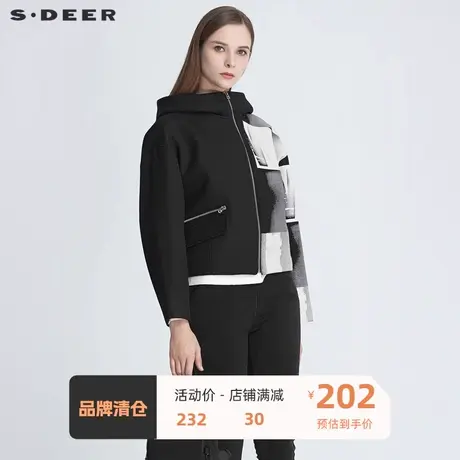 sdeer圣迪奥外套女女装高领连帽撞色印花宽松短款外套S20482220图片