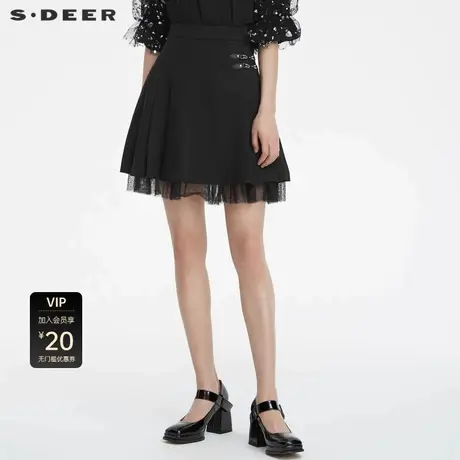 S·DEER圣迪奥女装休闲压褶网纱波点拼接A字短裙S22281308图片