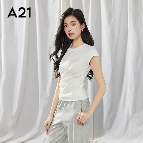 a21女装圆领落肩修身显瘦短款t恤新款不规则束腰设计感短袖上衣服图片