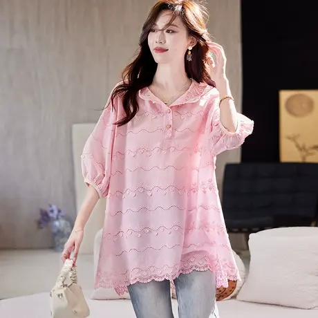 宝诗黎连帽蕾丝拼接短袖衬衫2025夏季中长款棉质宽松大码衬衣女图片