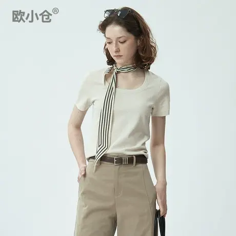 欧小仓 独特超好看植物染上衣 气质小众汤勺领正肩短袖女t恤夏图片