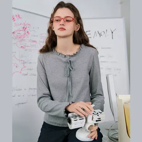 a02灰色抽绳设计感早春内搭上衣2025春季百搭休闲女式打底衫图片