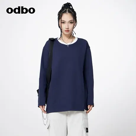 odbo/欧迪比欧原创设计休闲气质撞色圆领T恤女秋冬季新款宽松上衣图片