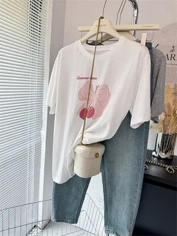 蝴蝶结樱桃印花白色雪花棉短袖T恤女 凉爽垂感薄款宽松体恤上衣商品大图