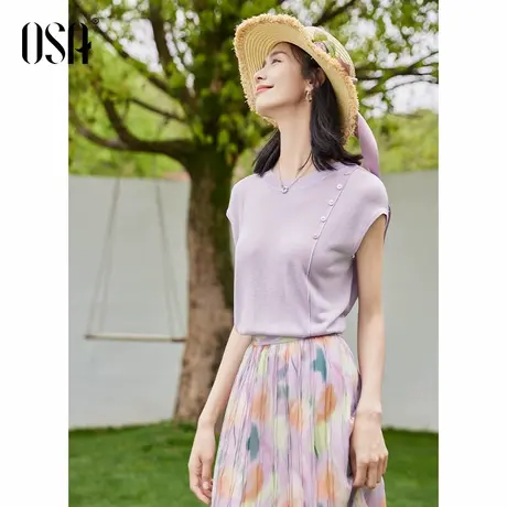 欧莎圆领冰丝针织小衫上衣女士夏季新款短袖温柔气质显瘦短袖上衣图片