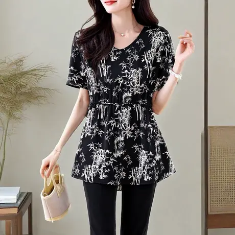 大码中长款短袖t恤女夏季2025年新款时尚印花收腰遮肚子妈妈上衣商品大图