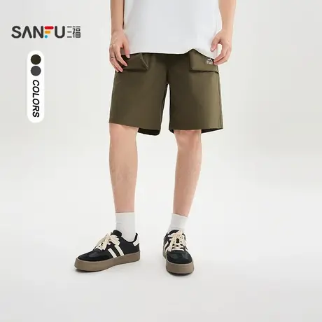 三福2025夏季男士小标刺绣短裤 时尚休闲橡筋腰头直筒裤子505357商品大图