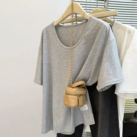 下摆开叉设计感短袖T恤女夏季韩版宽松显瘦纯棉U领打底衫半袖上衣商品大图