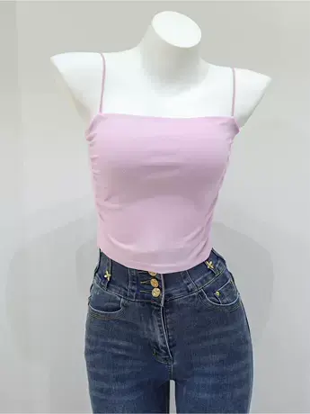 褶皱低胸露背性感吊带背心女修身显瘦弹性质感带胸垫柔软短款上衣商品大图