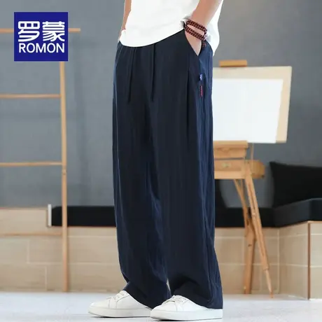 罗蒙男士休闲裤夏薄款宽松冰丝男裤凉感2025新款垂感亚麻阔腿裤男图片
