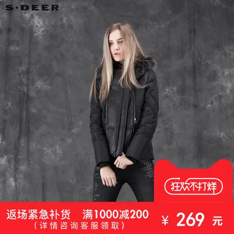 s.�r圣迪奥女装毛绒饰边拉链装饰羽绒服S14482409商品大图