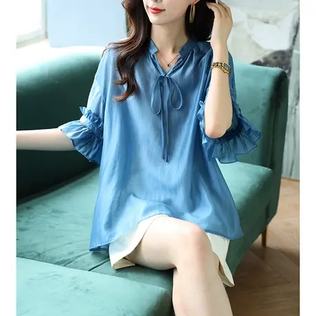 宝诗黎系带V领落肩五分喇叭袖衬衫上衣2025夏季新款纯色宽松小衫商品大图