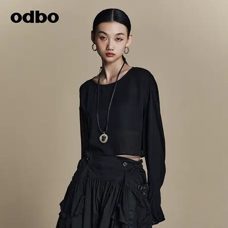 odbo 上衣设计感小众女长袖T恤春季新款黑色圆领显瘦打底衫图片