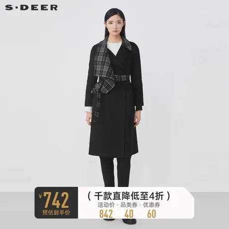 sdeer圣迪奥秋冬时尚翻领格纹拼接收腰毛呢大衣S21481846🤪商品大图