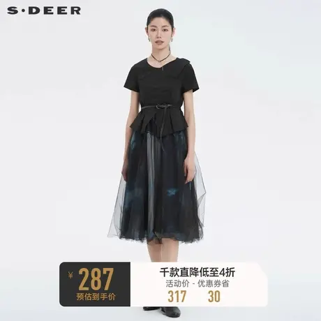 sdeer圣迪奥夏季长裙圆领网纱印花收腰短袖黑色连衣裙女S222Z1204图片