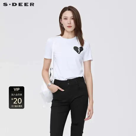 S·DEER圣迪奥女装简约通勤圆领撞色印花基本款短袖T恤S22280146图片
