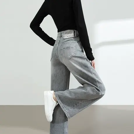 复古牛仔裤女夏季薄款2025水泥灰色高腰直筒宽松阔腿垂感直筒裤子商品大图