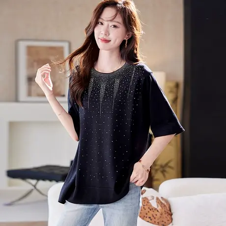 宝诗黎圆领烫钻针织短袖T恤2025夏季时尚百搭宽松慵懒气质上衣女商品大图