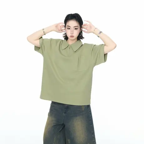 YEP复古纯色拉链POLO衫男女夏季新款短袖t恤正肩宽松情侣装半袖潮商品大图