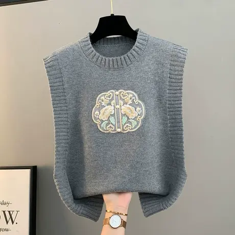 国风刺绣叠穿针织马甲背心女内搭秋季新款中式外穿小香风无袖毛衣商品大图