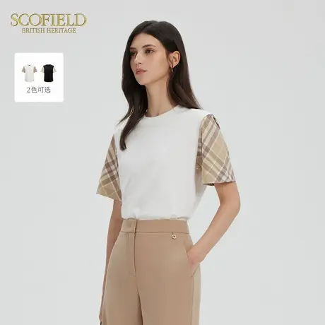 Scofield女装设计感格纹拼接廓形T恤含棉金属Logo装饰2025夏新品图片