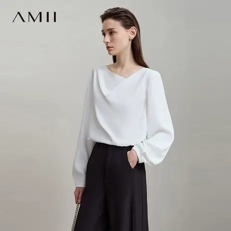 Amii2025秋新款极简纯色知性通勤温柔风荡领宽松长袖雪纺衫女图片