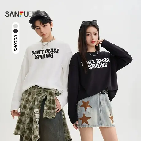 三福2025秋季男士简约潮酷字母长T恤 休闲宽松长袖上衣504114商品大图