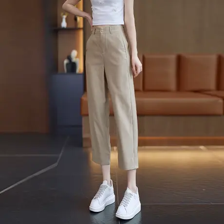 卡其色天丝九分休闲裤女夏季薄款直筒哈伦裤高腰显瘦小个子西裤商品大图