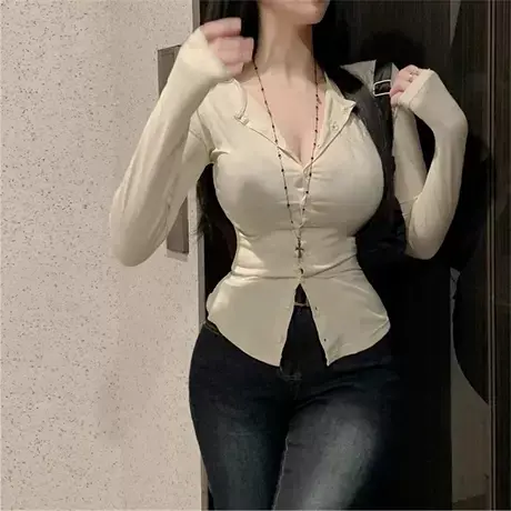 现货 东大门V领纯欲性感紧身显胸长袖开衫T恤女新款辣妹风修身显图片