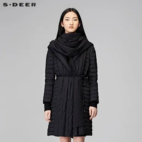 sdeer圣迪奥2018冬装时尚条纹腰带连帽围巾长款羽绒服女S17482443图片