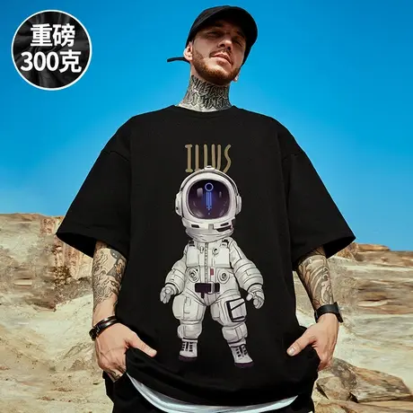 300克重磅美式潮牌胖子男装大码宽松NASA联名短袖T恤宇航员半袖夏图片