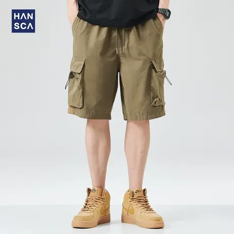hansca休闲短裤男日系复古夏季新款潮牌大口袋宽松直筒工装五分裤商品大图