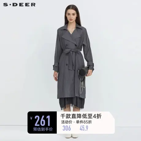 sdeer圣迪奥薄款风衣女翻领收腰双排扣长款外套S223Z1804图片