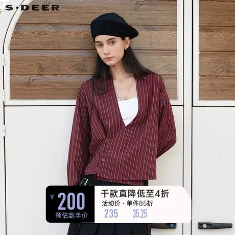 sdeer圣迪奥女装春装新品OL风翻领斜襟红条纹垂坠衬衫S24160502图片